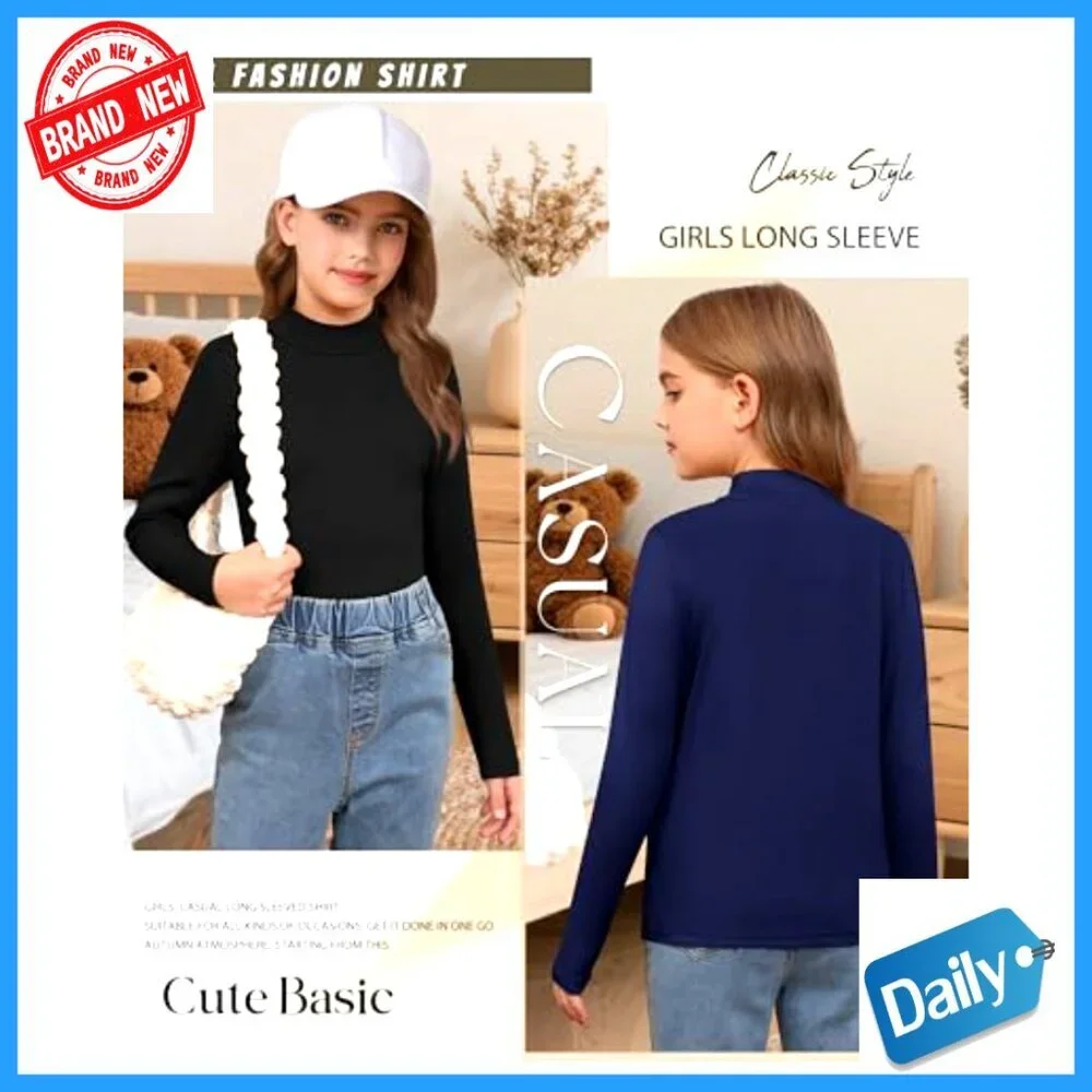 Girls' Mock Turtleneck Long Sleeve Tees 3 Pack Warm Slim Fit Basic Layer